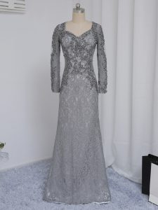Floor Length Zipper Mother Dresses Grey for Prom and Party and Sweet 16 with Beading and Lace