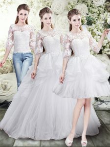 Fine White Half Sleeves Brush Train Lace and Ruffles Wedding Dress