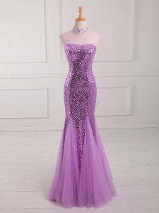 Fitting Lilac Tulle and Sequined Lace Up Evening Party Dresses Sleeveless Floor Length Beading and Sequins
