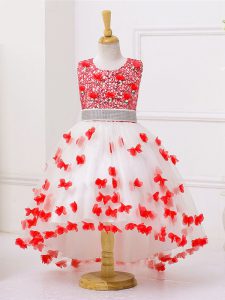 Designer Tulle Scoop Sleeveless Zipper Appliques and Sequins Toddler Flower Girl Dress in White And Red