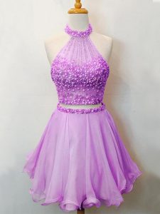 Extravagant Lilac Two Pieces Organza Halter Top Sleeveless Beading Knee Length Lace Up Dama Dress