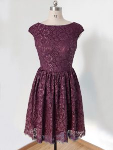 Empire Bridesmaid Dresses Dark Purple Scoop Lace Cap Sleeves Knee Length Lace Up