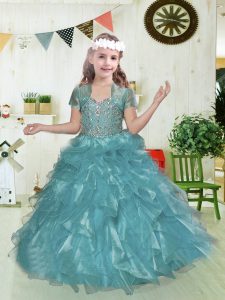 Ball Gowns Little Girl Pageant Dress Teal Straps Organza Sleeveless Floor Length Lace Up