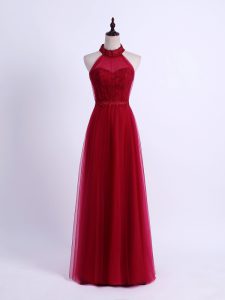 Halter Top Sleeveless Dama Dress for Quinceanera Floor Length Lace and Appliques Wine Red Tulle
