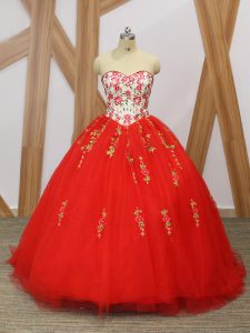 Gorgeous Red Ball Gowns Embroidery and Ruffled Layers 15th Birthday Dress Lace Up Tulle Sleeveless