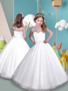 Glittering Lace and Belt Toddler Flower Girl Dress White Zipper Sleeveless Sweep Train