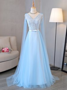 Baby Blue Prom Gown Prom and Party and Sweet 16 with Beading and Belt V-neck Long Sleeves Lace Up