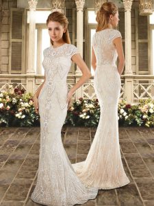 Lovely Cap Sleeves Sweep Train Zipper Beading and Appliques and Embroidery Wedding Gown