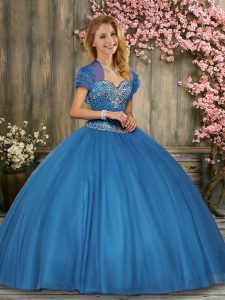 Colorful Teal Sweetheart Lace Up Beading Quince Ball Gowns Sleeveless