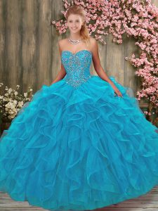 Teal Tulle Lace Up Quinceanera Gown Sleeveless Floor Length Beading and Ruffles