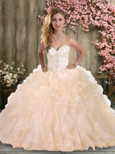 Peach Organza Lace Up 15 Quinceanera Dress Sleeveless Floor Length Beading and Ruffles