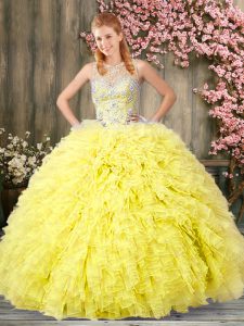 Amazing Yellow Ball Gowns Beading and Ruffles Ball Gown Prom Dress Lace Up Tulle Sleeveless Floor Length