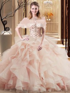 Scoop Sleeveless Tulle Quinceanera Gown Beading and Ruffles Brush Train Lace Up