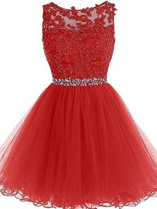 Tulle Scoop Sleeveless Zipper Beading and Lace and Appliques Prom Party Dress in Red