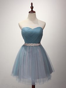 Affordable Beading and Ruching Damas Dress Light Blue Lace Up Sleeveless Mini Length