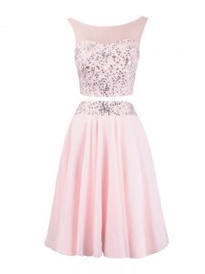High Class Organza Scoop Sleeveless Zipper Beading Evening Dress in Baby Pink