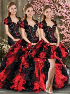 Trendy Floor Length Lace Up Quince Ball Gowns Red And Black for Military Ball and Sweet 16 and Quinceanera with Beading 