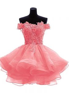 Watermelon Red Zipper Off The Shoulder Beading and Lace and Appliques Dress for Prom Organza Sleeveless