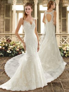 White Bridal Gown Wedding Party with Appliques and Embroidery Straps Sleeveless Sweep Train Backless