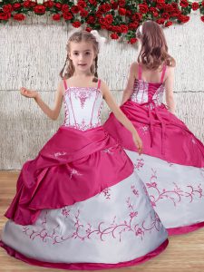 Hot Pink Straps Neckline Embroidery Little Girl Pageant Dress Sleeveless Lace Up