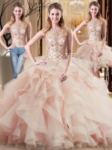 Peach Tulle Lace Up Ball Gown Prom Dress Sleeveless Brush Train Beading and Ruffles