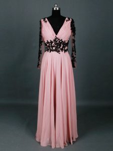 Modern Pink Zipper Mother of the Bride Dress Lace and Appliques Long Sleeves Floor Length