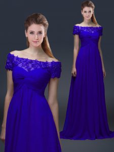 Lovely Short Sleeves Knee Length Appliques Lace Up Mother of Groom Dress with Blue