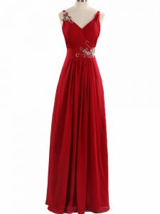Chiffon V-neck Sleeveless Zipper Beading and Ruching Evening Gowns in Red