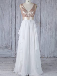 Elegant Floor Length White Quinceanera Court of Honor Dress V-neck Sleeveless Backless