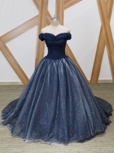 Custom Fit Sleeveless Ruching Lace Up Prom Gown with Navy Blue Brush Train