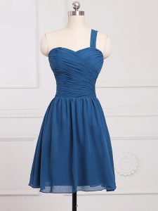 Fantastic Blue One Shoulder Zipper Ruching Bridesmaid Dress Sleeveless
