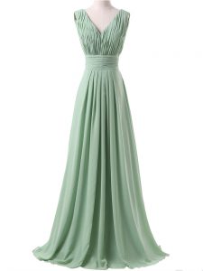 Graceful V-neck Sleeveless Quinceanera Dama Dress Floor Length Ruching Apple Green Chiffon