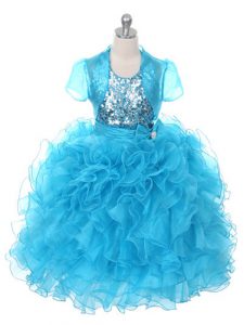 Baby Blue Lace Up Kids Formal Wear Ruffles and Sequins and Bowknot Sleeveless Floor Length