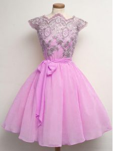 Customized Lace and Belt Dama Dress for Quinceanera Lilac Lace Up Cap Sleeves Knee Length