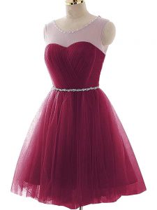 Beading and Ruffles Prom Dress Burgundy Lace Up Sleeveless Mini Length