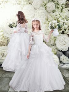 Glamorous Half Sleeves Brush Train Lace Up Lace and Ruffles Flower Girl Dresses
