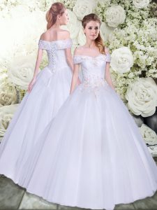Fashion Appliques Wedding Gowns White Lace Up Short Sleeves Floor Length