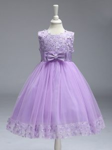 Lavender A-line Lace and Bowknot Little Girls Pageant Dress Wholesale Zipper Tulle Sleeveless Knee Length
