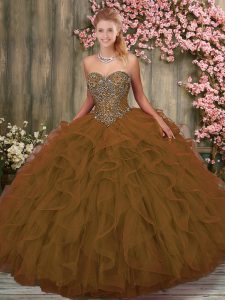 Sleeveless Tulle Floor Length Lace Up Sweet 16 Dresses in Brown with Beading and Ruffles