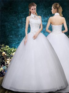 Nice Sleeveless Floor Length Beading and Embroidery Lace Up Wedding Gown with White