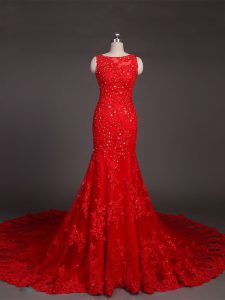 New Arrival Sleeveless Lace Court Train Backless Womens Evening Dresses in Red with Beading and Lace and Appliques