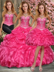 Fashionable Scoop Sleeveless Lace Up Ball Gown Prom Dress Hot Pink Taffeta
