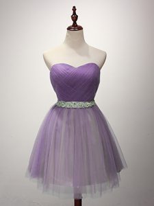 Mini Length Lavender Bridesmaid Gown Tulle Sleeveless Ruching