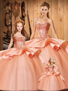 Stunning Peach Lace Up Sweetheart Beading and Embroidery Sweet 16 Dresses Taffeta and Tulle Sleeveless Court Train