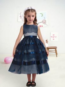 Tea Length Navy Blue Flower Girl Dresses for Less Tulle Sleeveless Ruffled Layers and Belt