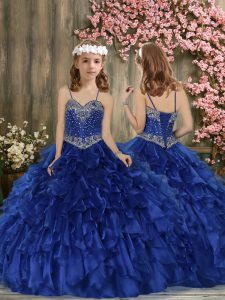 Discount Organza Spaghetti Straps Sleeveless Lace Up Beading and Ruffles Pageant Gowns For Girls in Royal Blue