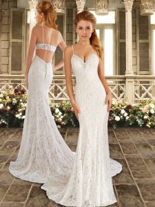Excellent White Lace Criss Cross Spaghetti Straps Sleeveless Wedding Dresses Sweep Train Appliques and Embroidery