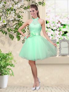 Knee Length Lace Up Bridesmaids Dress Apple Green for Prom and Party with Lace and Belt