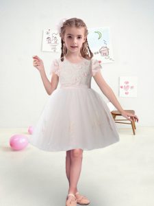 Lovely Ball Gowns Flower Girl Dress White Scoop Tulle Short Sleeves Knee Length Zipper