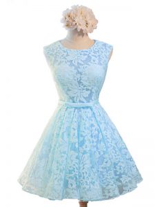 Light Blue Lace Lace Up Bridesmaid Dress Sleeveless Knee Length Belt